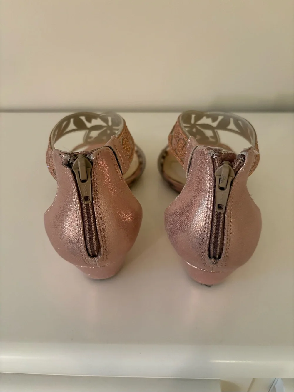 Barely Worn Alex Marie Rose Gold T-Strap Heeled Sandals